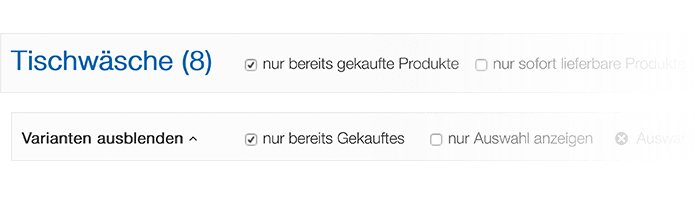 Nur bereits gekaufte Produkte anzeigen in der Variantenliste und der Produktübersicht